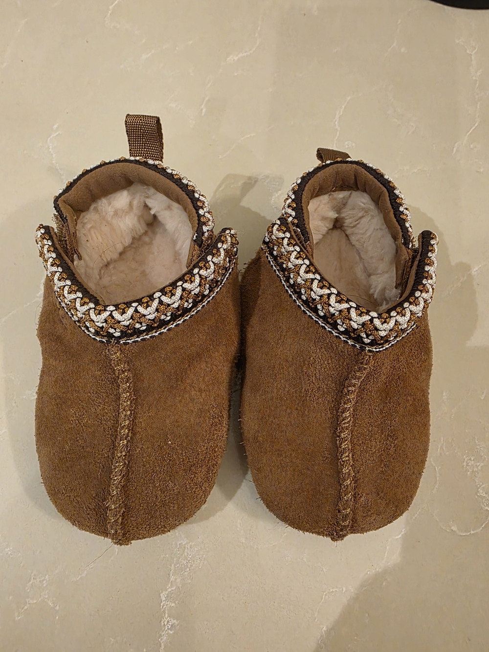 BABY UGG Chestnut Suede Infant Slippers with Cream Fur Collar